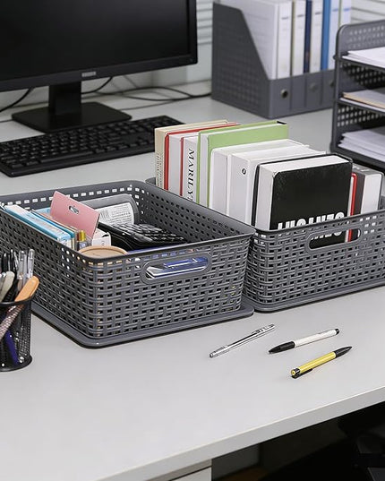 6 Pack Plastic Storage Bins with Lids, Stackable Storage Baskets with Handles, Plastic Organizer Container Bins for Desk,Shelves,Office, Pantry Organizers and Storage, Grey