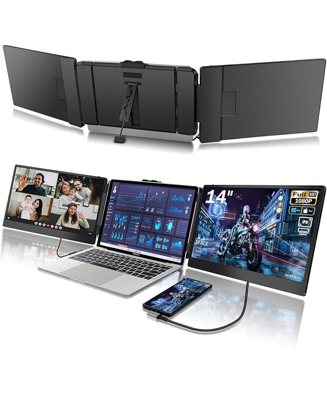 CopGain Laptop Screen Extender - 14 Inch 1080p FHD IPS Triple Portable Monitor for 13-17.3 Inch Laptops - Plug and Play Type-C/HDMI for Windows, Mac