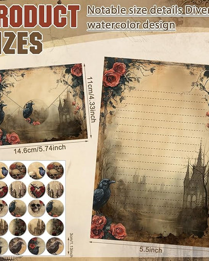 TaoBary 160 Pcs Stationery Paper Set 50 Double Sided Stationery Papers with 50 Matching Envelopes and 60 Round Dot Sticker, 10 Design(Gothic Style,8.25 x 5.5 Inch)