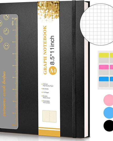 Graph Paper Notebook, Spiral Notebook Journal 8.5” x 11”, A4 Large Grid Notebooks for Women Men, 100 GSM Graph Paper, Plastic Hardcover Spiral Graphing Journals for Work School Engineerin, Black