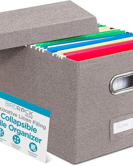 Internet's Best Collapsible File Box Storage Organizer with Lid - Decorative Linen Filing & Storage Office Boxes – Hanging Letter/Legal Folder – Home Office Bins Cabinet – Grey Container - 1 Pack