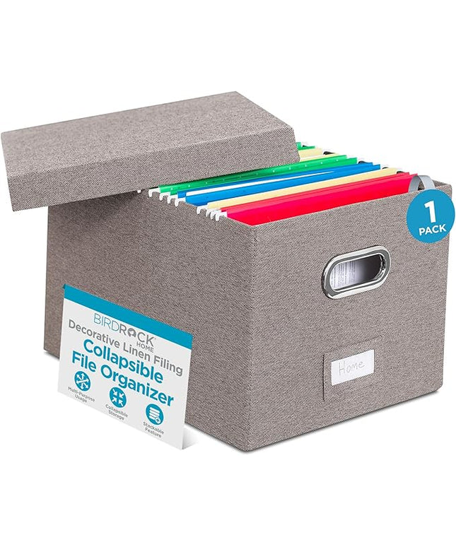 Internet's Best Collapsible File Box Storage Organizer with Lid - Decorative Linen Filing & Storage Office Boxes – Hanging Letter/Legal Folder – Home Office Bins Cabinet – Grey Container - 1 Pack