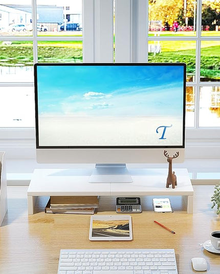TEAMIX 20 inch White Monitor Stand Riser, Wood Desktop Stand for PC/TV/Laptop/Printer, White Monitor Riser with Storage, Computer Stand with Keyboard Organizer