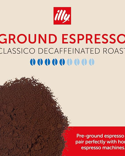 illy Decaf Ground Espresso Coffee, Classico Decaffeinated Medium Roast, 100% Arabica, Premium Italian Coffee, Pre-Ground for Espresso Machines, 8.8oz, 6 Pack