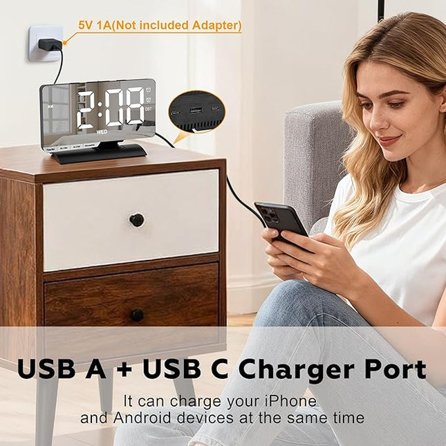 SZELAM Digital Clock,Alarm Clock Bedside,7.3'' Large LED Mirror with Date Display,Dual Alarm with 3 Mode,Brightnee Adjust,DST,Snooze Function,USB C Charging Port,5 Levels Volume for Desk Bedroom Teens