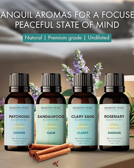 Majestic Pure, Rosemary, Sandalwood, Clary Sage and Patchouli Meditation Essential Oil Set | Perfect for Meditation, Yoga, Relaxation or Mindful Mornings | Pack of 4 x 0.3 Fl Oz