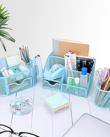 17 in 1 Blue Desk Organizers and Accessories Set, 3 Office Desk Supplies Storage Organization, 4 Pens, Stapler, Staples & Remover, Tape & Dispenser, Scissors, Ruler, Clips, Hole Punch, Back to School