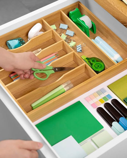 ROYAL CRAFT WOOD Luxury Bamboo Utensil Rack and Silverware Organizer, Kitchen Drawer Organizer - Utensil Holder and Cutlery Tray with Grooved Drawer Dividers for Flatware 7 Slot, Natural