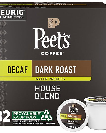 Peet's Coffee, Dark Roast Decaf Single Serve Coffee Pods, 100% Arabica Coffee - Decaf House Blend 32 Count (1 Box of 32 Pods)