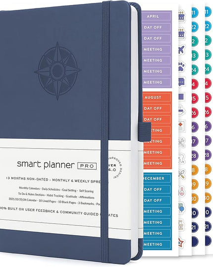Smart Planner Pro – Undated Daily Planner – Small A5 – Achieve Goals & Increase Productivity – Weekly, Monthly, Work Sections, Organizer Diary with Back Pocket, 3 Satin Bookmarks & Pen Holder
