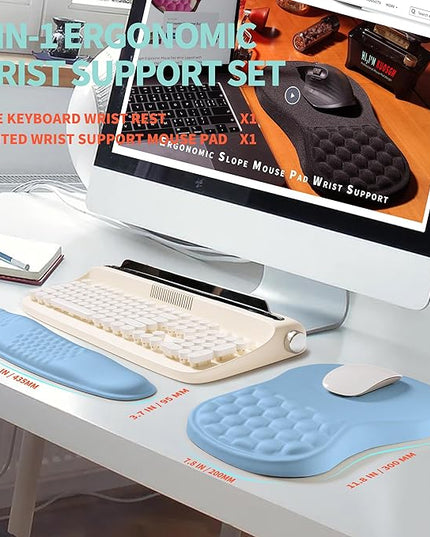 2-in-1 Ergonomic Set, Wave Rise Keyboard Wrist Rest and Massage Bulge Slope Mouse Pad Wrist Support, Cushion Memory Foam Integrated to Relieve Wrist Pain, Lake Blue