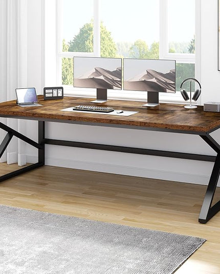 HSH Large Rustic Brown Computer Desk, 70 Inch Home Office Metal Wood Desk for 2 Person, Farmhouse Extra Long Writing Study Gaming Table, Bedroom Living Room PC Laptop Dual Monitor Desk