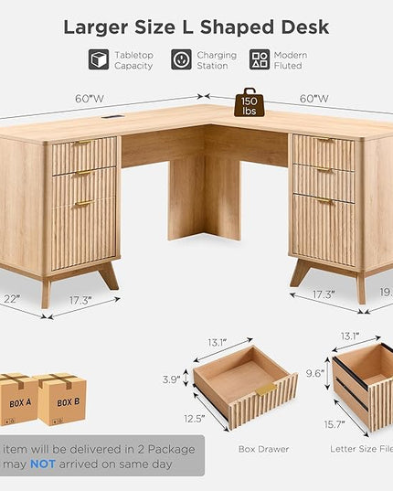 T4TREAM 60'' Fluted Executive L Shaped Desk, Modern Home Office Desk with Charging Station and File Drawer, Computer Corner Desks with Drawers & Storage Cabinet for Office Home, Bedroom, Natural Oak