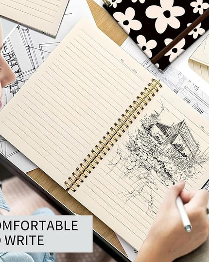 Spiral Journal Notebook, A5 Cute Notebooks for Women Men, College Ruled Hardcover Notebook for Work & Note Taking, 60 Pages Double-Wire Journals for Writing, Black White Flowers