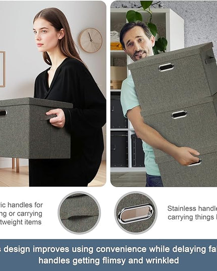 Large 17" 36 Quart Collapsible Stackable Storage Bins with Lids, 3 Packs Dark green Foldable Fabric Closet Storage Boxes with Lids, Heavy-duty Linen Cube Baskets(17x12x11)