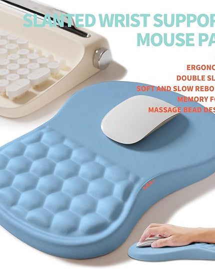 2-in-1 Ergonomic Set, Wave Rise Keyboard Wrist Rest and Massage Bulge Slope Mouse Pad Wrist Support, Cushion Memory Foam Integrated to Relieve Wrist Pain, Lake Blue