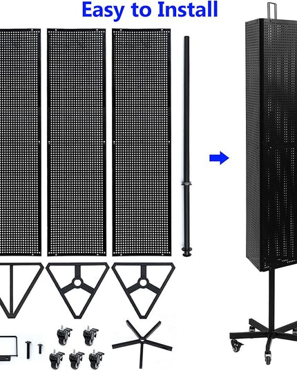 Triangular Metal Pegboard Panels Display with Base and Pole, Black Pegboard Display Stand with Wheels, Jewelry Display Rack, Art Display Stand, Extra 20 pieces Hooks