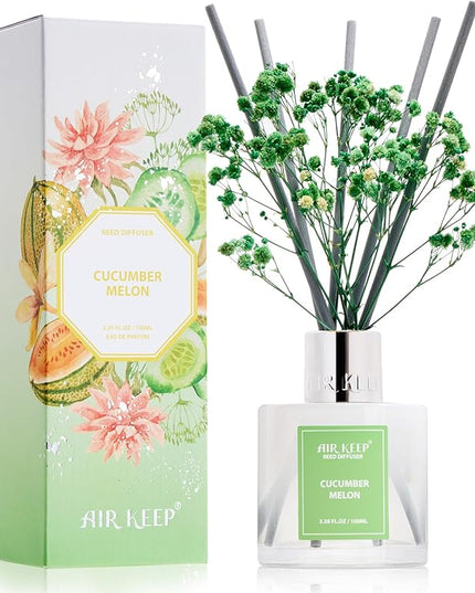Airkeep Reed Diffuser Set,3.38 fl oz (100 ml) - Cucumber Melon Oil Diffusers with 8 Reed Sticks, Home Fragrance Reed Diffuser for Bathroom Shelf Decor