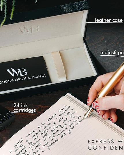 Wordsworth & Black Majesti Fountain Pen-(Gold), Luxury Case, 24K Gold Finish; 18K Gilded Medium Nib- Ink Cartridges, Refillable Ink Converter-Calligraphy Pen-Best Business Gift Set for Men & Women