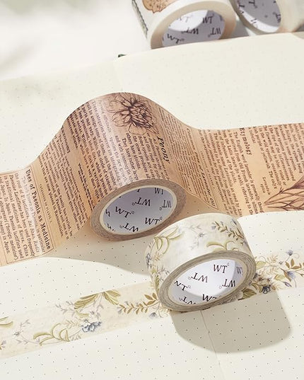 WT Petals & Parchment Washi Sticker Tape Set, 4 Rolls, Original Vintage Floral Designs, Decorative Masking Tape for DIY Crafts, Journaling, Scrapbooking, Planners, and Adhesive Paper Stickers