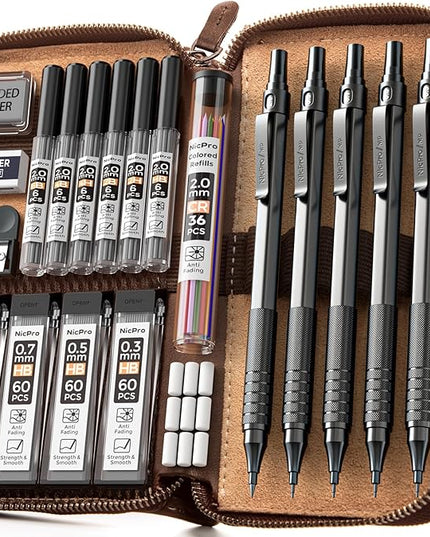 Nicpro 20PCS Black Metal Mechanical Pencil Set in Leather Case, Drafting Pencil 0.3, 0.5, 0.7, 0.9 mm & 2mm Lead Holders, 9 Tube (4B 2B HB 2H Colors) Lead Refills, Erasers For Art Sketching Drawing
