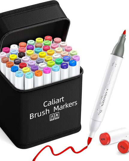 Caliart Alcohol Markers Brush Tip, 51 Colors Dual Tip Artists Coloring Markers Set Brush & Fine, Permanent Alcohol Based Colored Sketch Pens, Art Supplies Gifts for Adults Illustration Drawing