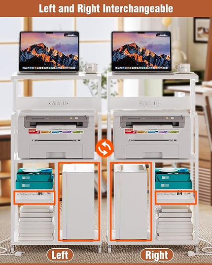 VEDECASA Mobile High Printer Stand with Power Outlet Charging Plugs USB Port Office Storage Shelf Includes Computer Tower CPU Stand Holder with Wheel (White)
