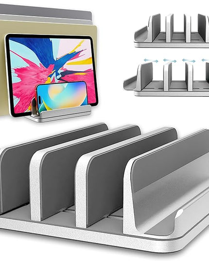Adjustable Laptop Stand, 5 Slots, Aluminum Space-Saving, for Apple MacBook/Surface/Galaxy/Tablet/iPad/iPhone, Silver