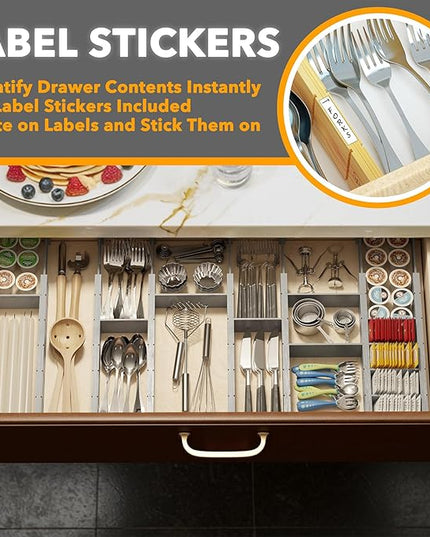 SpaceAid Bamboo Drawer Dividers with Inserts and Labels, Kitchen Adjustable Drawer Organizers, Expandable Organization for Home, Office, Dressers, 7 Dividers with 15 Inserts (17"-22" Gray)