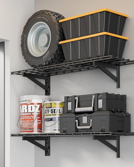 2 Pack Heavy Duty Garage Wall Shelving Set (1x4ft), Wall Mounted Garage Shelves 700lbs Capacity, 12"x48" Shelf Storage Rack Floating Shelves, Black