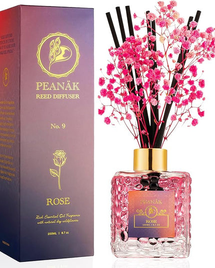 PEANÄK Reed Diffuser Set - Rose Honey Fragrance 6.7oz (200 ml) - Real Preserved Flowers & 8 Reed Sticks for Bathroom Shelf Decor Home Diffuser & Office Scent with Long Lasting Gift Scent