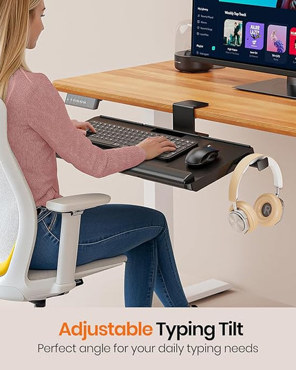 Klearlook Keyboard Tray Under Desk with 360° Rotation, Ergonomic Computer Keyboard & Mouse Tray 25"W×11.02"D Sit Stand Desk Keyboard Holder w/Wrist Rest & Storage Drawer (Height is not Adjustable)