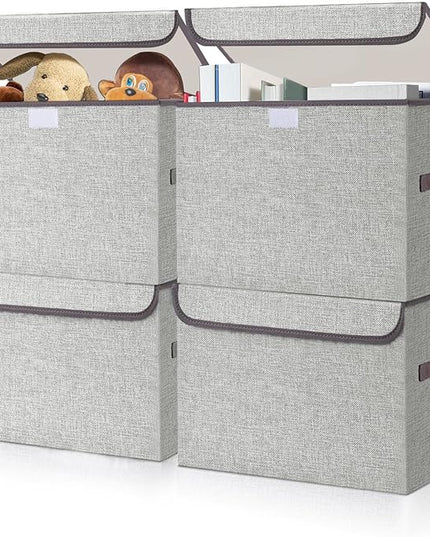 Linen Fabric Foldable Storage Cube Bin Organizer Basket with Flip-Top Lid & Handles, Large Clothes Blanket Box for Home, Office, Closet, Light Gray, 4 Pack 14.6 x 9.5 x 9.5”