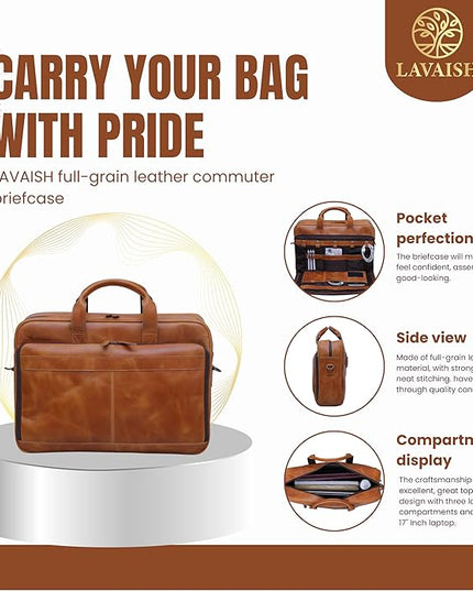 LAVAISH Handmade Full-Grain Leather Briefcase for Men & Women–17" Laptop Bag with Computer Compartment Office Satchel Bag
