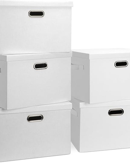 Large 17" 36 Quart Collapsible Stackable Storage Bins with Lids, 5 Packs White Linen Fabric Closet Boxes with Lids, Storage Cube Baskets Container Organizers for Bedroom Office(17 x12 x11)
