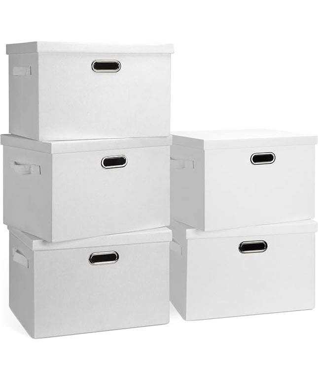 Large 17" 36 Quart Collapsible Stackable Storage Bins with Lids, 5 Packs White Linen Fabric Closet Boxes with Lids, Storage Cube Baskets Container Organizers for Bedroom Office(17 x12 x11)
