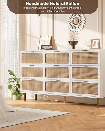 Garvee Rattan Dresser with 9 Drawers, Tall Modern Closet with Deep Storage, Large Chest of Drawers with Wide Top, Long Wooden Dresser for Bedroom, Living Room, Hallway, Kids Room, White
