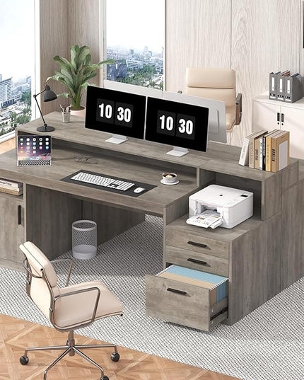 Executive Computer Desk with 3 Drawers & Storage Shelves, 65 Inch Home Office Desk with File Drawer & Cabinet, Writing Study Desks with Monitor Stand & Printer Shelf, Executive Desk, Grey