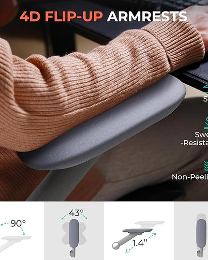 CAPOT Ergonomic Mesh Office Chair, Adjustable Lumbar High Back Desk Chair 400lbs, 4D Flip-up Arms, 3 Tilt Backrest, 3D Headrest, PU Wheels, Swivel Rolling Computer Seating for Long Desk Work - Grey