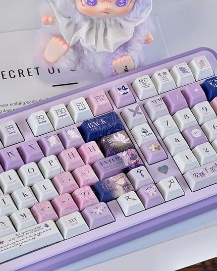 PBT Custom Keycaps 130 Keys, Japanese Anime Purple Keycaps Cherry Profile Dye Sublimation Keycap, Manga Style Key Cap Set for 60% 65% 75% TKL 100% Mechanical Keyboard