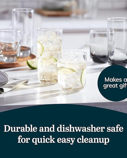 Libbey Polaris Tumbler and Rocks, Axis Glass Cups Set of 16, Elegant Mixed Drinking Glasses with Modern Clean Lines, Dishwasher Safe Glassware Set