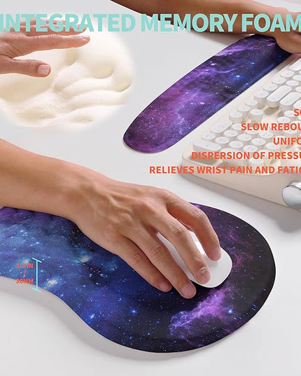 2-in-1 Ergonomic Set, Wave Rise Keyboard Wrist Rest and Massage Bulge Slope Mouse Pad Wrist Support, Cushion Memory Foam Integrated to Relieve Wrist Pain, Galaxy