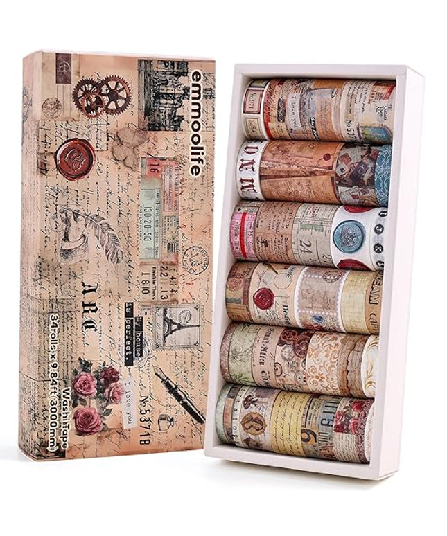 34 Rolls Vintage Washi Tape Set,Letter Map Stamp Stripe Literature Art Writable Aesthetic Washy Decorative Tapes for Scrapbooking, Junk Journal Supplies, Bullet Journaling 5-50mm Wide (3m Long)/Roll