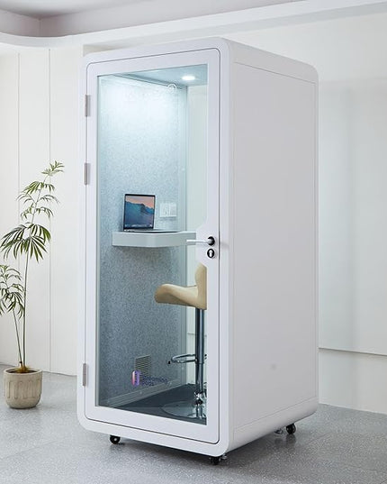 Mobile Office Pod Booth, Solo Soundproof Pod with High-Density Acoustic Panels, Premium Sound Pod with Silent Ventilation, Wheels and Feet, Build-in Table, LED Lighting System, USB Ports (White-Grey)
