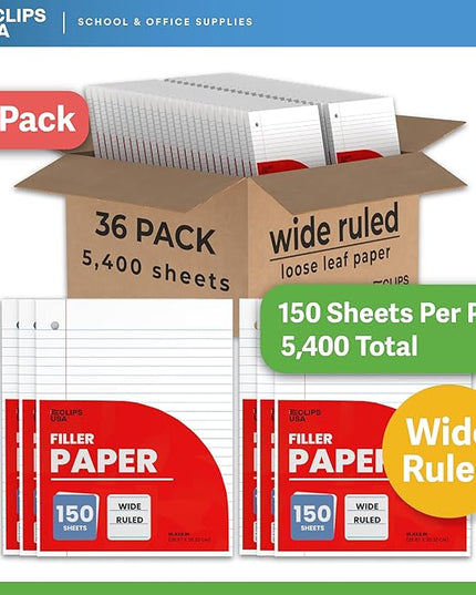 Wide Ruled Loose Leaf Paper Wide Ruled Notebook Paper Lined Writing Filler Paper 10.5” x 8” 56 gsm 4500 Sheets 150 Sheet Per Pack (36 Pack)