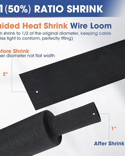 FOURUB 2:1 Heat shrinkable Braided Sleeving Fabric Wire Loom High Temp Heat Shrink Wiring Harness Abrasion Protector Cable Sleeve (2"-27ft)