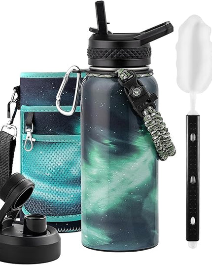 32oz Insulated Water Bottle, Triple Wall Vacuum Stainless Steel Water Bottles - Keeps Cold 48H, Reusable Metal water flask Jug for Gym, Sports, Camping, Hiking,Travel, Aurora-Green