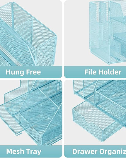Marbrasse Desk Organizer and Accessories, 3-Tier File Organizer with Drawer and Pen Holder, Small Desktop Organizer and Storage for Workspace Office Supplies Blue