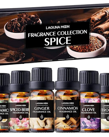 Lagunamoon Fall Essential Oils Set - Spice Fragrance Oils Autumn Gift Set for Diffusers, Home Care, Candle Making Scents, Aromatherapy - Cinnamon, Clove, Citronella, Ginger and Spiced Berries (10mL)