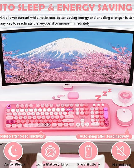 Wireless Keyboard Mouse,104 Full Size Cute Colorful Keyboard and Mouse with Retro Typewriter for PC/Mac/Laptop/Tablet/Computer/Windows/Microsoft, Pink